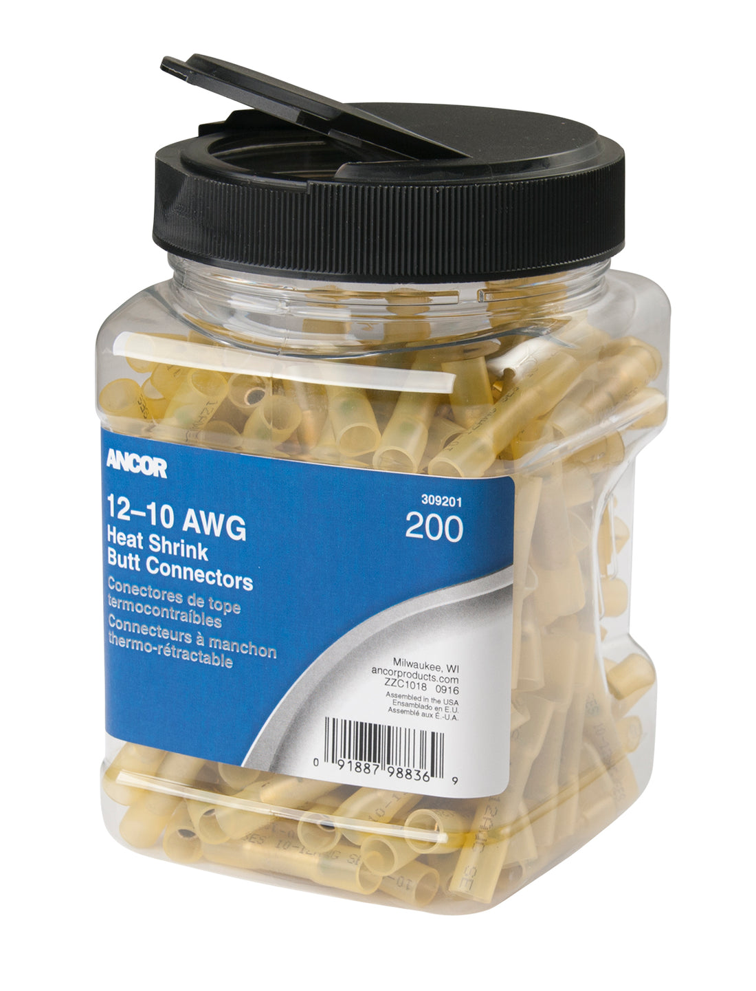 Ancor 12-10 Butt Connector Heat Shrink Yellow 200 Pack Jar - 309201