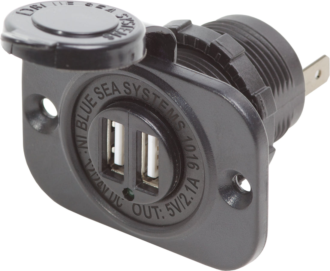 Blue Sea Dual USB 2.1A Charger Port 12/24vDC Socket Mount, Black - 1016-BSS
