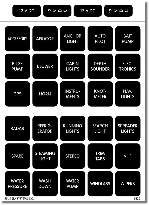 Blue Sea 4215 Label Kit DC H2O 30 Square Black V1 - 4215-BSS