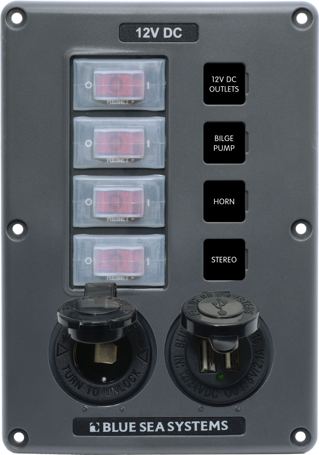 Blue Sea Water-Resistant 12V 4 Circuit Breaker Switch Panel with 12v Socket and Dual USB - 4321-BSS