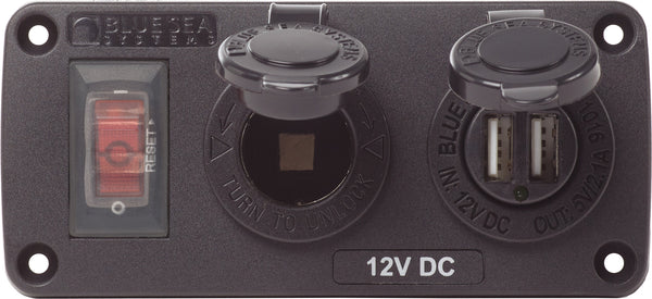 Blue Sea Water-Resistant 12V 15A Circuit Accessory Panel with 12v Socket and Dual USB - 4363-BSS