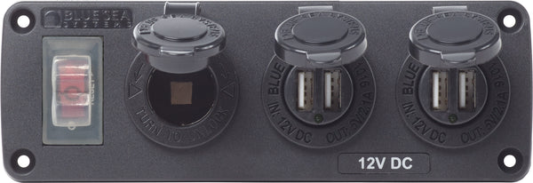 Blue Sea Water-Resistant 12V 15A Circuit Accessory Panel 12v Socket and Dual USB x 2 - 4365-BSS