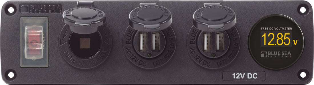 Blue Sea Water-Resistant 12V 15A Circuit Accessory Panel Socket, 2-Dual USB, Volt Meter - 4368-BSS