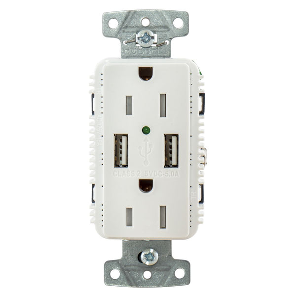Hubbell USB15A5W White Outlet Dual 15 Amp 125v 2-Pole and Dual 5 Amp 5v USB Ports - USB15A5W